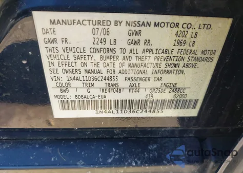 2006 Nissan Altima 2.5 S из США, поврежденный, VIN 1N4AL11D36C244855